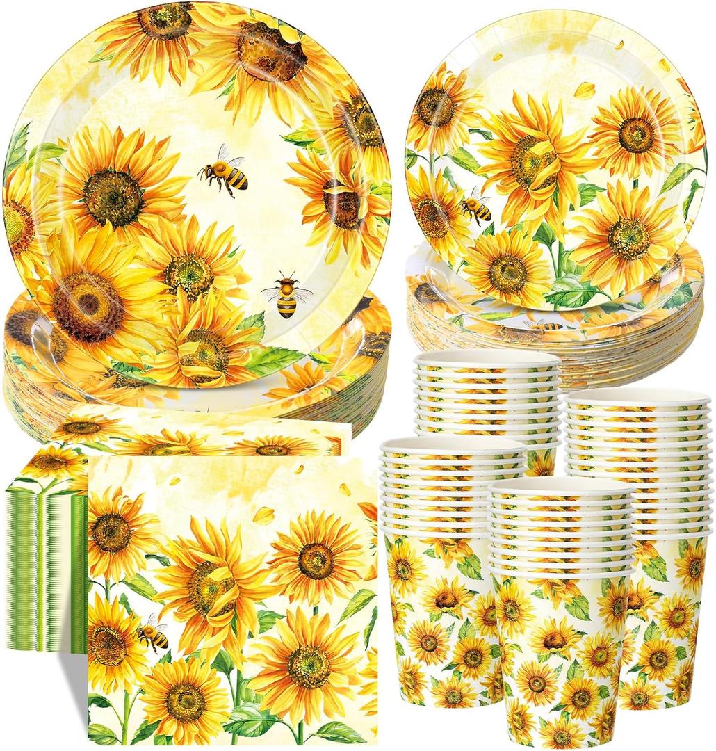 Pickmesh 250 Pcs Sunflower Party Supplies Decorations Serve 50 Sunflower Disposable Paper Plates Napkins and Cups Tableware Set for Floral Birthday Wedding Bridal Shower Baby Shower Tea Party Supplies