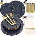 Glowserve 175 Plastic Dinnerware Set, Disposable Dinnerware Set for 25 Guests Include 50 Plastic Plates, 25 Silverware Set, 25 Cups and 25 Napkins for Christmas, Party, Wedding(Navy Blue and Gold)