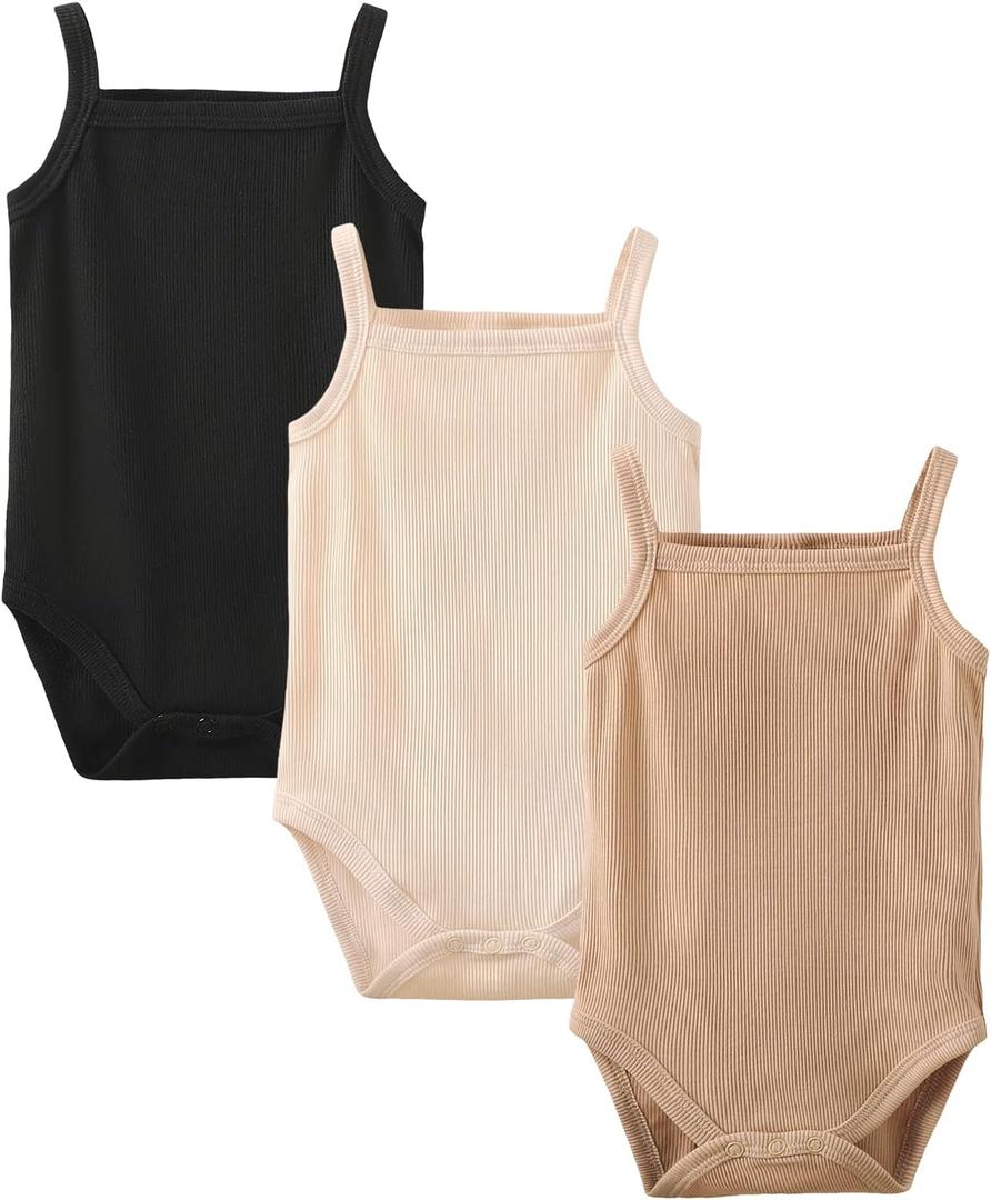 OPAWO Onsies for Baby Girls' Bodysuits 3 Pack Neutral Baby Clothes Spaghetti Strap & Long Sleeve Fall Baby Undershirt 0-2T (6-9 Months, Black/Apricot/Beige)