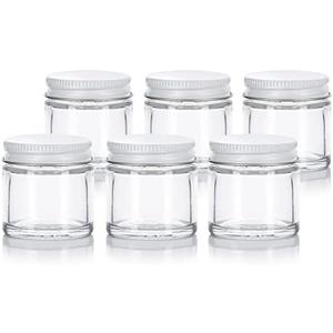 (6 pack) 1 oz / 30 ml Clear Thick Glass Straight Sided Jar with White Metal Airtight Lid