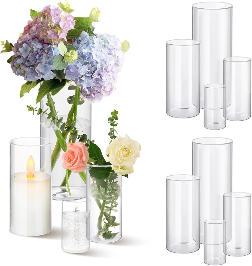 12pcs Clear Glass Cylinder Vases, 4, 6, 7.5, 10 Inch Tall Cylinder Vases for Centerpieces,Glass Flower Vase Hurricane Floating Candle Holder Vase for Table Shelf, Wedding, Party, Home & Office Decor