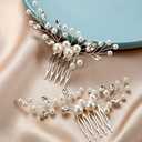 Ysleen 2 Pcs Wedding Pearl Hair Comb Bride Pearl Crystal Headpiece Flower Side Combs Hair Clip Bridal Hair Accessories for Girls Wedding Brides Bridesmaid Rhinestone, Silver