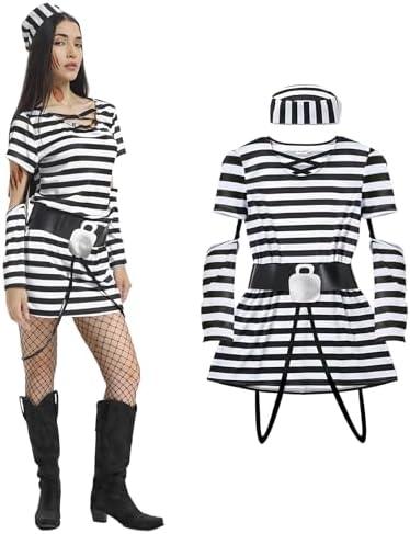 PUIWNON Prisoner Costume Women Jail Costume Adult Prison Outfit Striped Convict Inmate Uniform for Halloween, S