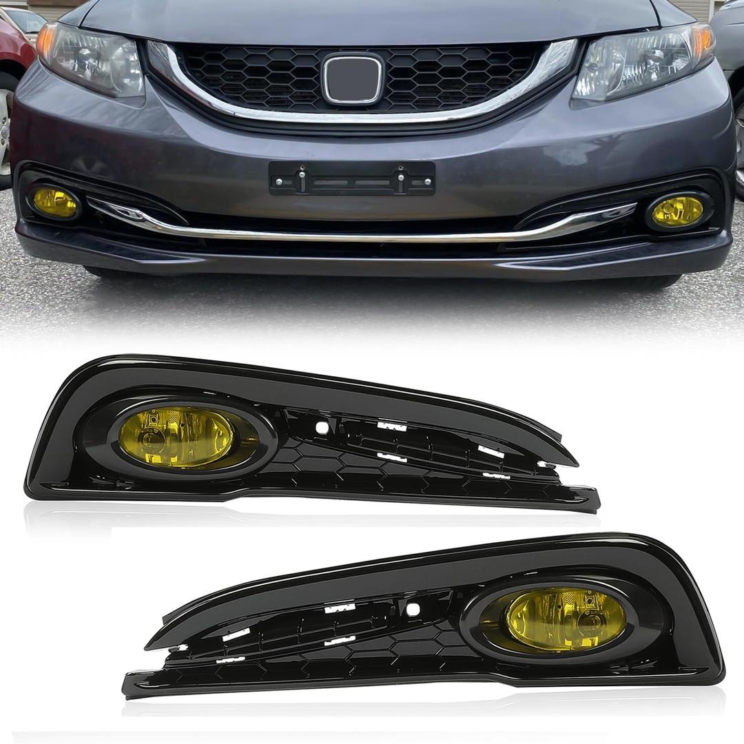 HECASA Fog Lights Compatible with 2013-2015 Honda Civic 4-Door Sedan Bumper Fog Lamp w/Switch Replacement for HO2592135 HO2593135 HO1038114 HO1039114- Yellow