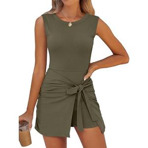 Caracilia Women Summer Sleeveless Bodycon Tie Cinched Waist Romper Skort Mini Dress Built in Shorts Night Out Vacation Dress Size S