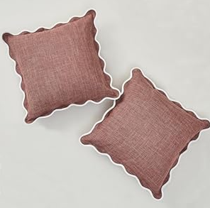 Scalloped Throw Pillow Covers Set of 2 for Living Room, Cotton & Linen, Boho Sytle Decorative Home (Beige & White Edge, 16x16 Inch)
