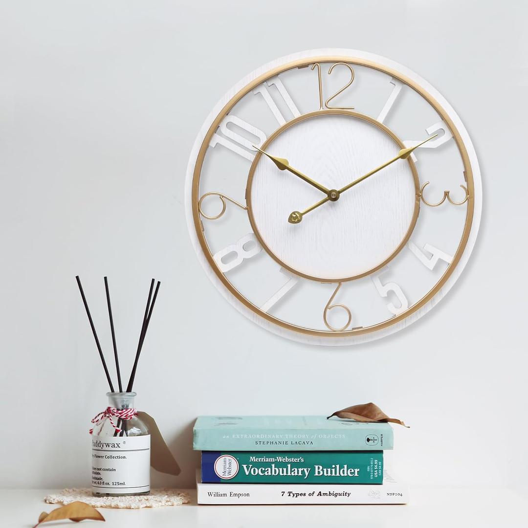 Large Wall Clock 19 Inch White Arabic Numerals Wooden Clock Battery Operated Silent Non-Ticking Decor Clock Modern Round Oversize Wall Clocks for Home, Hotel, Office, Bedroom (White, 19inch)