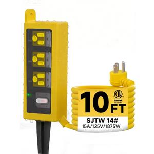 Outdoor Extension Cord, 3 Wide Outlets, 1875W/15A, 10FT 14AWG Heavy Duty SJTW Power Strip with Surge Protector, All-Weather & IP66 Fully Waterproof, Ideal for Patio, Garden, Pool, RV, Yellow