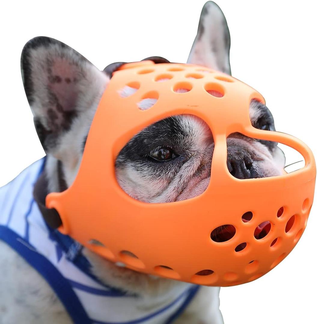 BARKLESS Short Snout Dog Muzzle, Soft Silicone Flat Faced Muzzle for French Bulldog Shih Tzu and Pug for Biting Chewing Licking and Grooming, Allows Panting (M Head 15-16")