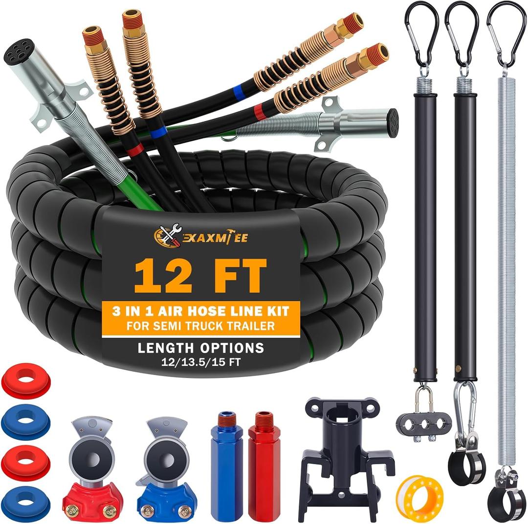12 FT Semi Truck Air Lines Kit with 3 Pcs Tender Spring Kit and Glad Hands with Gladhand Holder & Handles 3IN1 Trailer Cord and Air Hoses Assembly for Truck Trailer Tractor