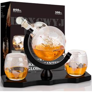 Gifts for Men Dad Husband, Whiskey Decanter Globe Set with 2 Glasses & Walnut Tray-Great Gift Idea for Whisky, Bourbon,or Scotch lovers, Must-Have Holiday Stocking Fillers