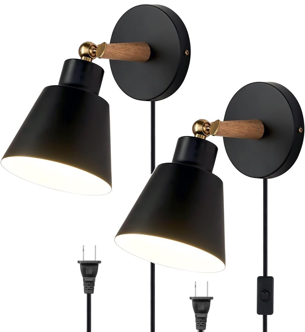 ClanKin Plug in Wall Sconces Lighting Set of 2, Black Wood Style Wall Sconce Reading Lamp, Adjustable Wall Light for Bedroom Hallway Living Room (2, Black Plug-in)