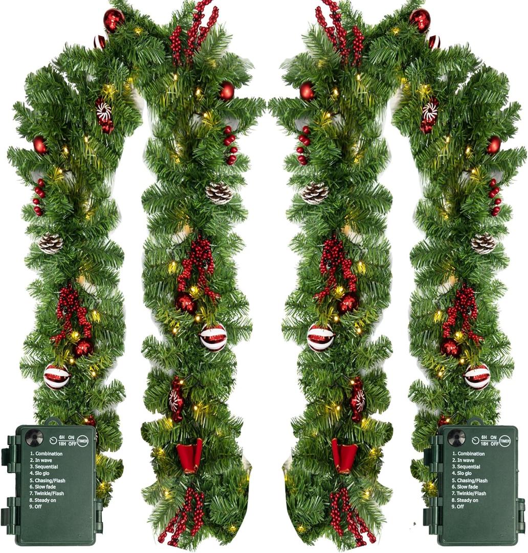 Nerosun 9FT Christmas Garland with 50LED Lights, 2 Pack Battery Operated Prelit Garland Christmas Decorations Timer 8 Mode, Artificial Outdoor Christmas Garland Greenery Pinecone for Indoor Decor