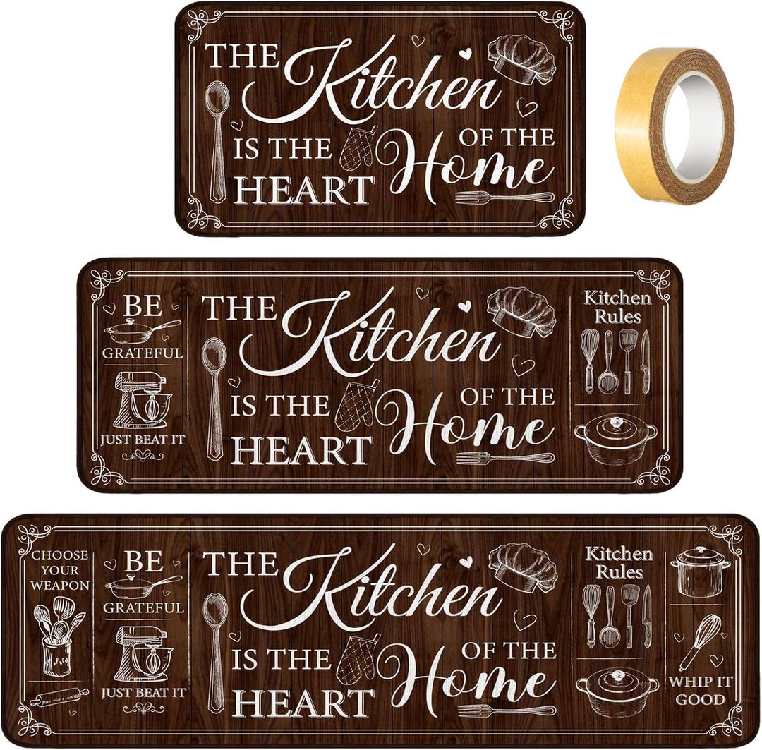 Fourluoo Sets of 3 Brown Kitchen Rugs and Mats Retro Brown Kitchen Rugs Non Slip Washable Door Mats for Floor Home Bathroom Cabin Farmhouse Decor