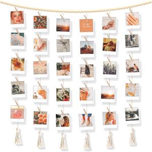 Hanging Photo Display with Clips Wall Boho Decor Beads Garland - Sculptural Picture Frames Collage - 30 Clothespins - 2 Non-Trace Hook - No Holes Drilling - 45 x 45 inch