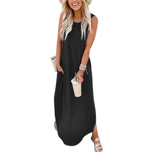 ANRABESS Women Casual Loose Sundress Sleeveless Split Maxi Long Beach Shirt Dress Travel Vacation 2025 Summer Outfits (Medium, Black)