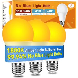 Neporal Amber Sleep Light Bulbs 1800K 3PK, 9W 60 Watt Equivalent, 99.96% Blue Blocking Soft Warm Light Bulbs A19, Amber Night Light E26 for Bedroom and Baby Nursery Light