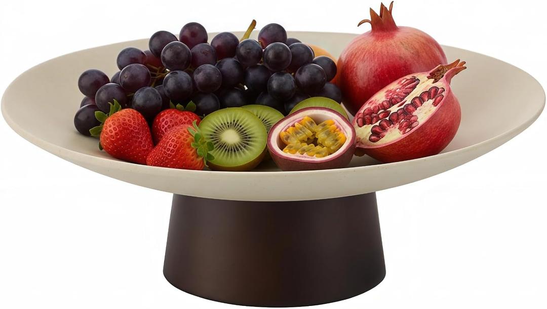 Modern Ceramic Pedestal Fruit Bowl, High-Fired Stoneware Shallow Serving Bowl with Wooden Base, Elevated Decorative Fruit Tray for Kitchen Counter Entryway Table Dining Centerpiece