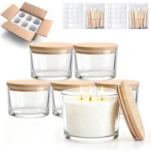 YJHSS 16oz Glass Candle Jars, 6-Pack 3 Wick Candle Jars for Making Candles, Empty Thick Glass Wide-Mouth Jars with Bamboo Lids & Wick Kits, Candle Containers Bulk - Clear