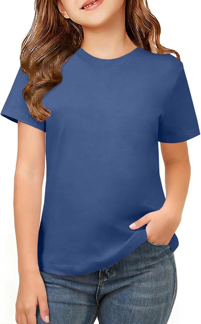 ZDC Girls Short Sleeve Shirts Crewneck T Shirts Kids Summer Tops Basic Tees 5-14 Years (Blue)