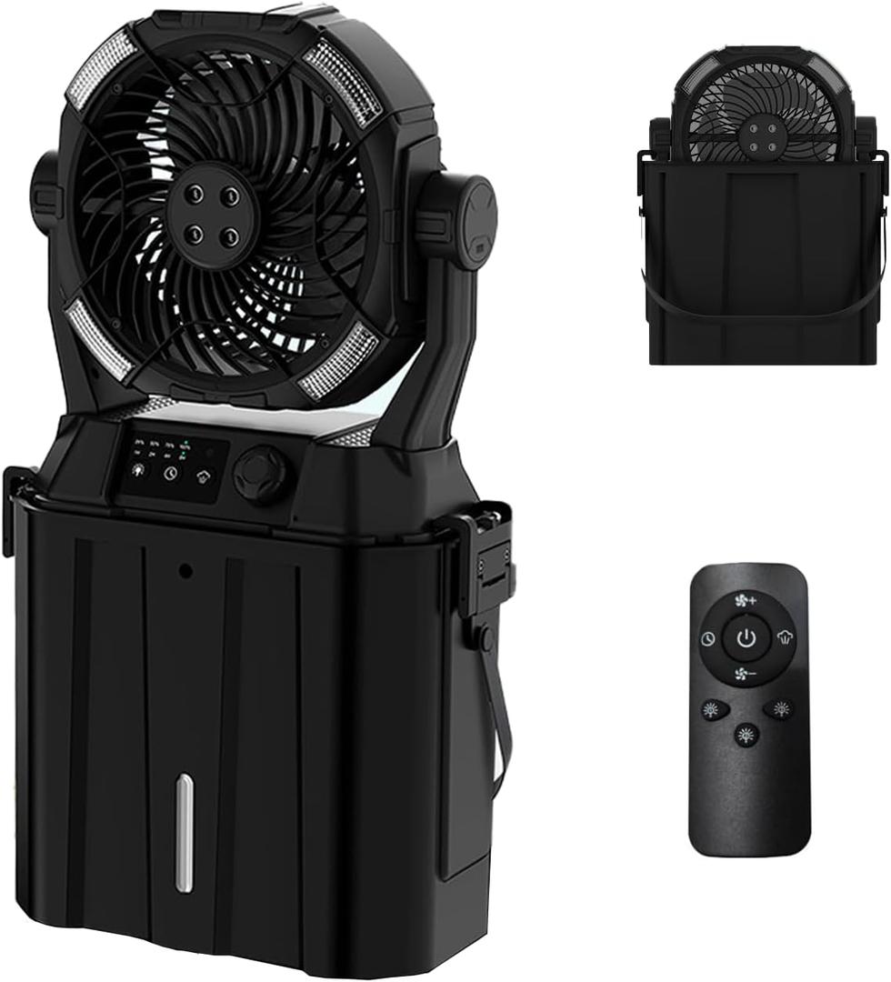 Wilody Portable Misting Fan 20000mAh Rechargeable Battery, 6L Bucket Outdoor Mist Fans Patios Cooling, Camping Fan with LED Light Modes & Stepless Speed Control, 4 Spray Mister, Timer Function(Black)