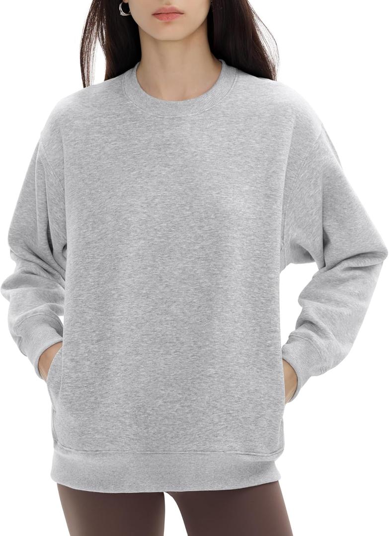 PUMIEY Women's Oversized Sweatshirts Fleece Crew Neck Hoodies with Pockets Long Sleeve Pullover Tops Three-No Collection (Gray, M)