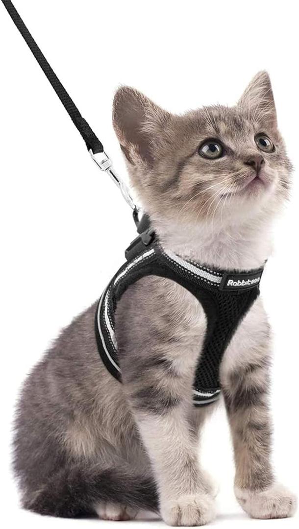 rabbitgoo Cat Harness and Leash Set for Walking Escape Proof, Adjustable Soft Kittens Vest with Reflective Strip for Cats, Comfortable Outdoor Vest, Black, Small