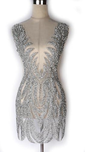 Labellezalady Silver Color Small Rhinestones Bodice Applique, Beaded Large for Half Bodice Applique, Fashion V-Neck Easy to sew on for Bridal Prom Dress (Silver-F2201), S
