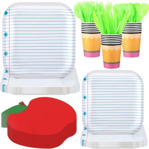 Back to School Party Decorations Notebook Paper Plates Apple Napkins Cups Disposable Tableware Set for First Day of School Preschool Kindergarten Classroom Preschool Party Supplies, Serves 25