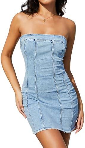 ELLEVEN High Stretchy Strapless Denim Dress for Women, Summer Sexy Bodycon Mini Jean Dresses for Women 2025 Western Outfit, (XS)
