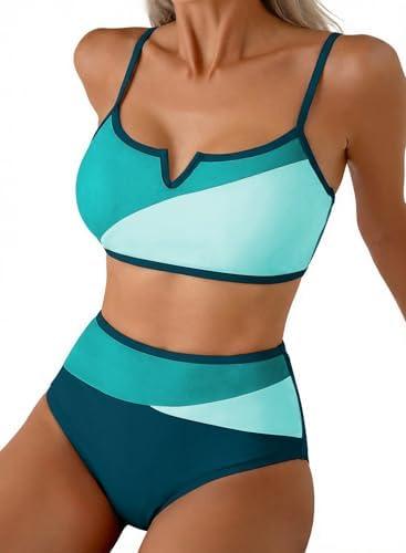 Herseas Women's High Waisted 2 Piece Bikini Sets V Wire Beach Summer Popular Swimsuits Colorblock Trim Swim Bathing Suit XL