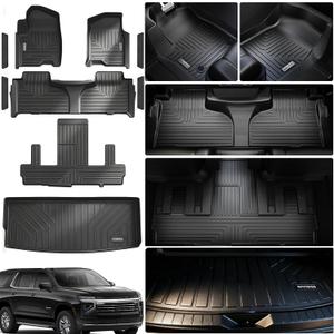 All Weather Floor Mats for 2021-2026 Chevy Tahoe/Cadillac Escalade/GMC Yukon（Only 7 Seats / 2nd Row Bucket Seats）TPE Rubber Liners Odorless Anti-Slip Car Floor Liners & Cargo Liners & Door Sill Guards