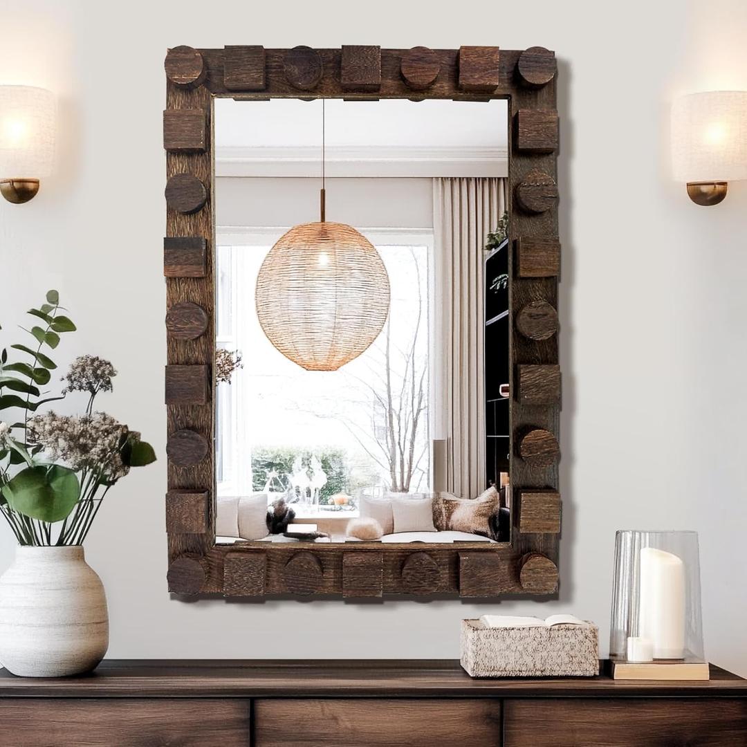Wall Mirror with Rustic Wood Frame, 28"x20" Solid Wood Vanity Mirror for Bathroom, Bedroom, or Entryway, Vertical or Horizontal Mount