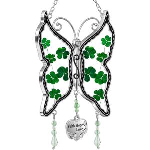 KY&BOSAM Shamrock Butterfly Suncatcher Faith Hope Love Irish Stained Glass for Windows Suncatchers Hangings Ornament Wind Chime with Real Flower as Gifts for Mom Mothers Day St Patrick's Day Decor