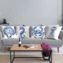Chinoiserie Coastal Beach Pillow Covers 18x18, Blue and White Floral Seashell Sea Horse Crab Jellyfish Decorative Pillow Covers for Beach Room House Cabin Bedroom Home, Set of 4 haiyang4
