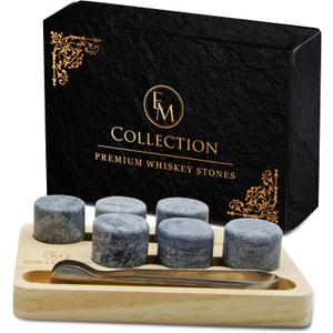 Whiskey Stones Gift Set of 6 with Wooden Storage Tray and Forceps: Chill Any Beverage Without Dilution. Round Granite Rocks Cool Cocktails and Scotch Better Than Ice.