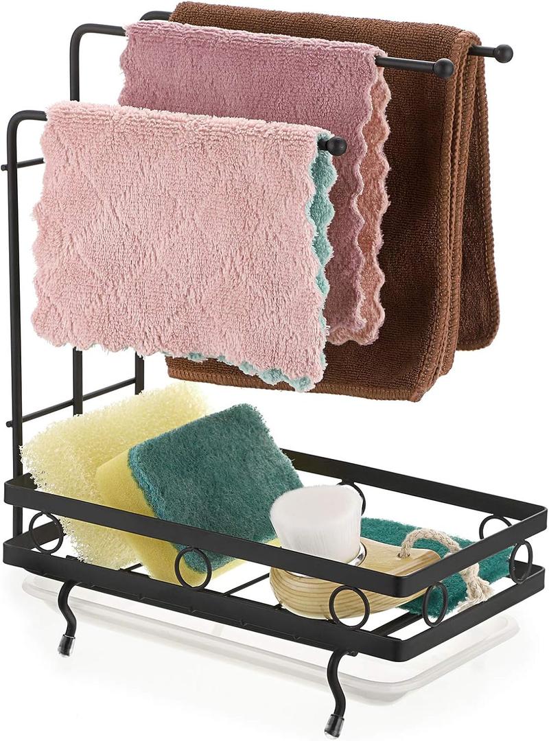 JUXYES Kitchen Sink Caddy Sponge Holder with Dishcloth Drying Rack, Kitchen Rag Stand Sponge Brush Soap Dish Dishcloth Rack Sink Storage Organizer for Kitchen Countertop (Black)