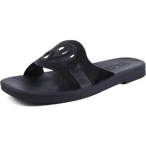 ONCAI Slides for Womens,Flat Dressy Square Toe Summer Beach Sandals for Woman with Comfortable Non-slip Rubber Soles, Size 7, All-black 