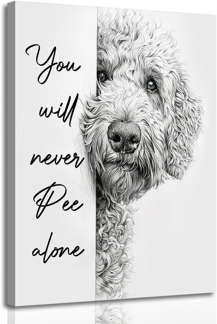 FGQ Black and White Goldendoodle Bathroom Canvas Wall Art Funny Cute Animal Humorous Dog Painting Pictures Restroom You Will Never Pee Alone Poster Print Artwork for Toilet Nursery Decor 16x24in