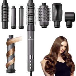 6 in 1 Blow Dryer Brush Set, Powerful Hair Dryer Brush with Auto-Winding Curl L/R, Fast Drying, Smooth Blowouts, Root-Lift Volume, No Heat Damage Frizz-Free Thermal Brush, Hot Air Styler for Travel