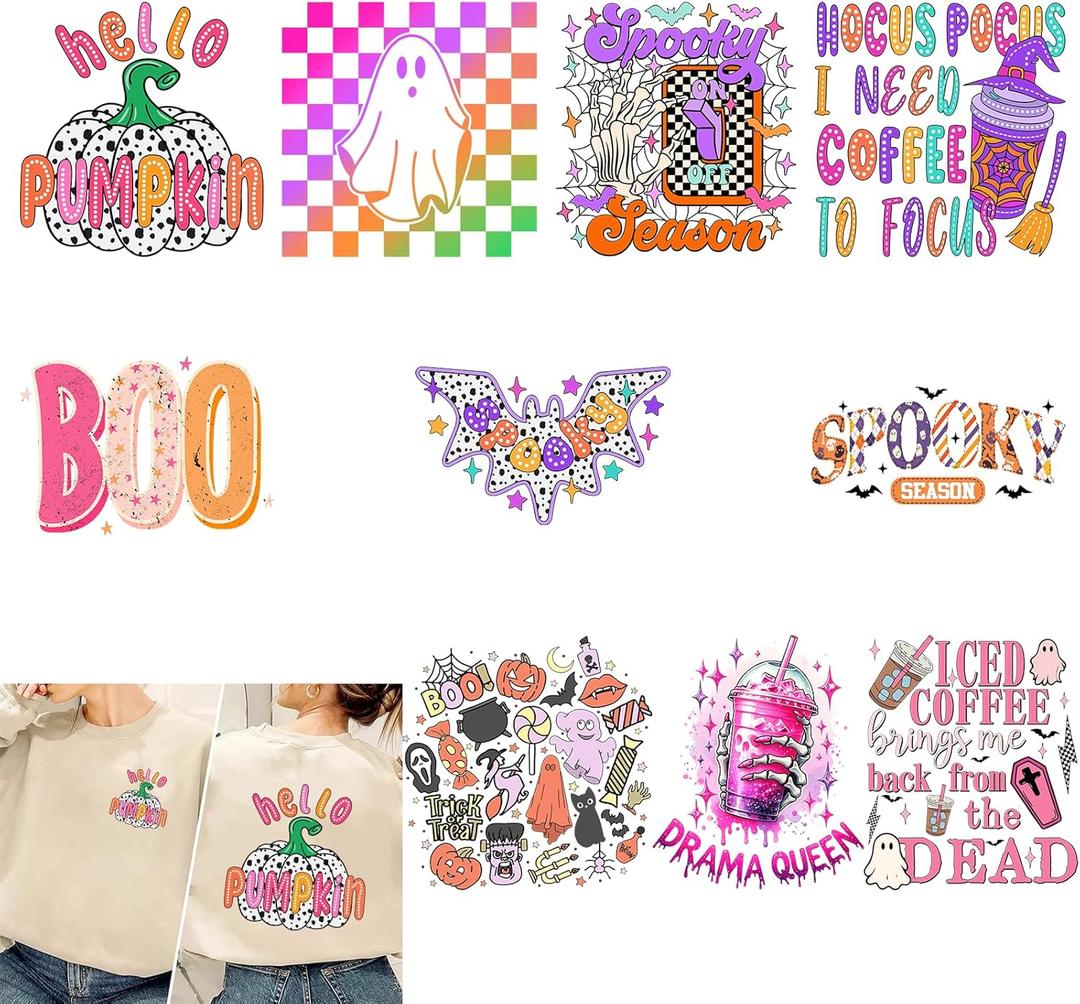 Pumpkin Iron on Transfer Decals 20 Pcs Spooky Ghost Heat Transfer Printing Stickers for Hats Jackets Dresses Boo Coffee Decoration Applique DTF Transfers Ready to Press