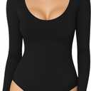 MANGOPOP Long Short Sleeve Bodysuits for Women Scoop Neck Ribbed Body Suit Stretchy Basic T Shirt Tops (Large)
