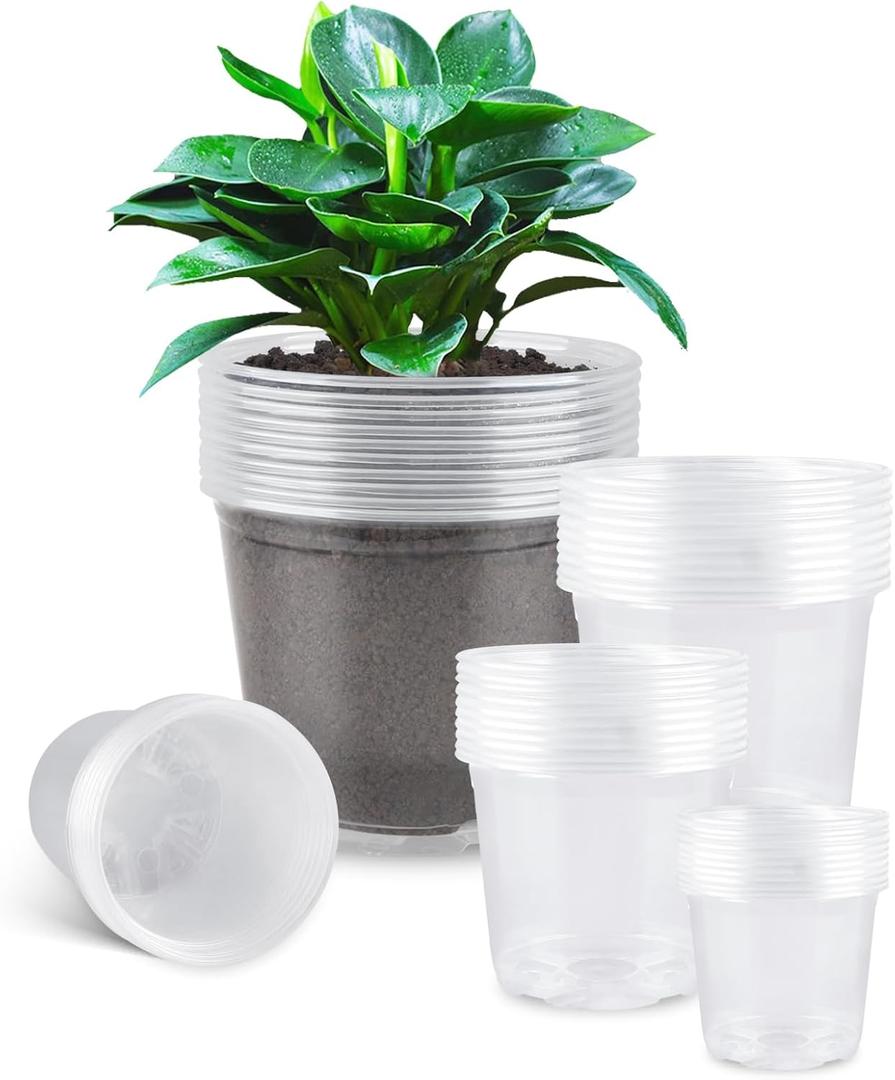 RAOOKIF Pack of 50 Nursery Pots, 7/6/5/4/3.5 Inch Clear Nursery Pot for Plants, Plastic Plant Pots with Drainage Holes, Seed Starter Garden Pots for Flower, Seedling, Cuttings, Transplanting
