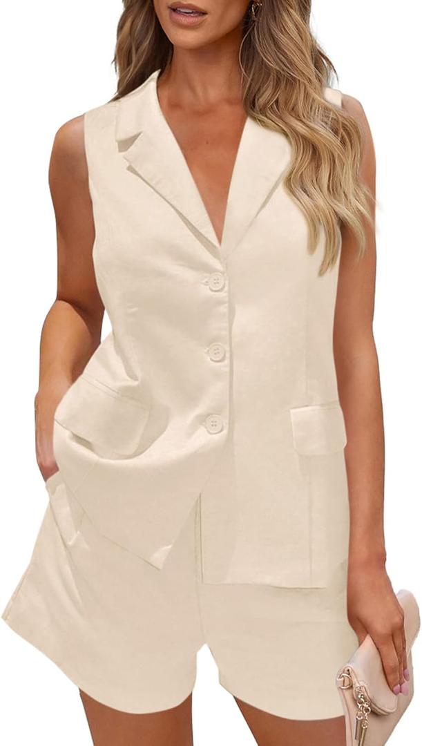 PRETTYGARDEN Women Summer 2 Piece Outfits 2025 Casual Lapel V Neck Button Down Vest Shorts Set Business Work Blazer Sets (X-Large, Beige)