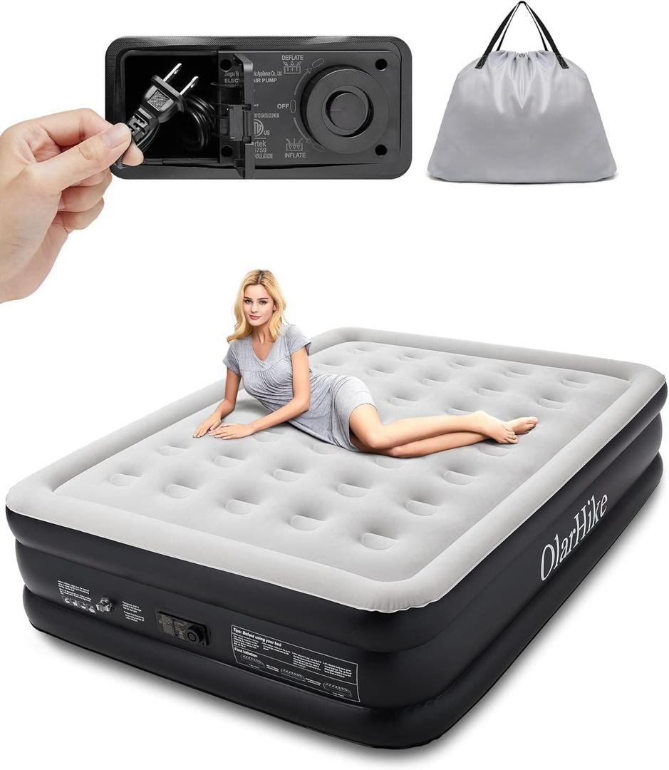OlarHike Inflatable Queen Air Mattress with Built in Pump, 18"Elevated Durable Air Mattresses for Camping, Home&Guests, Fast&Easy Inflation/ Deflation Airbed, Black Double Blow up Bed, Travel Cushion, Indoor
