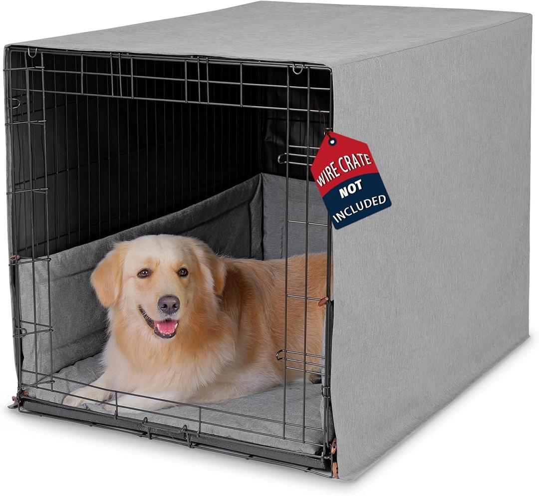 Calming Dog Crate Cover 3-Piece Set with Mat & Bumper - Heavy Duty Oxford Fabric, Waterproof Back & Chew Resistant, Wooden Buttons, Furniture Style Cover for 48 Inch Cages, Machine Washable, Gray