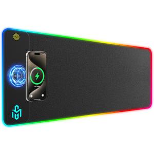 GIM PU Leather RGB Gaming Mouse Pad with 15W Magnetic Wireless Charging, 800x300x4mm LED Mouse Mat, 10 Light Modes, Non-Slip Rubber Base for PC MacBook Laptop (Carbon Black)