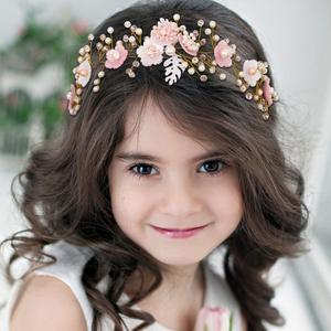 Campsis Flower Girl Headpiece Pink Pearl Floral Headband Crystals Acrylic Leaf Bridal Wedding Hair Accessories for Girls