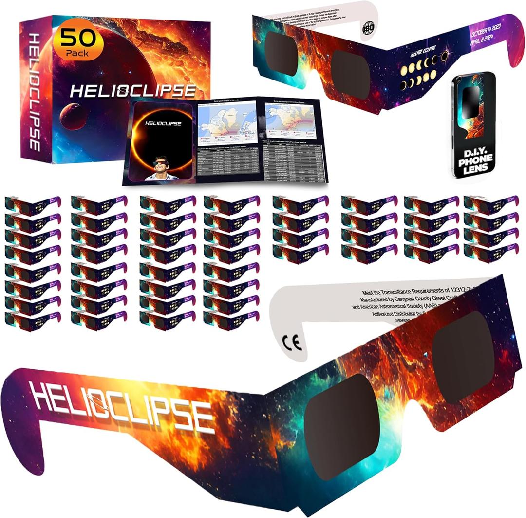 Helioclipse 50 Pack Solar Eclipse Glasses 2024 - Trusted for Direct Solar Eclipse Viewing - Iso 12312-2 & Ce Certified