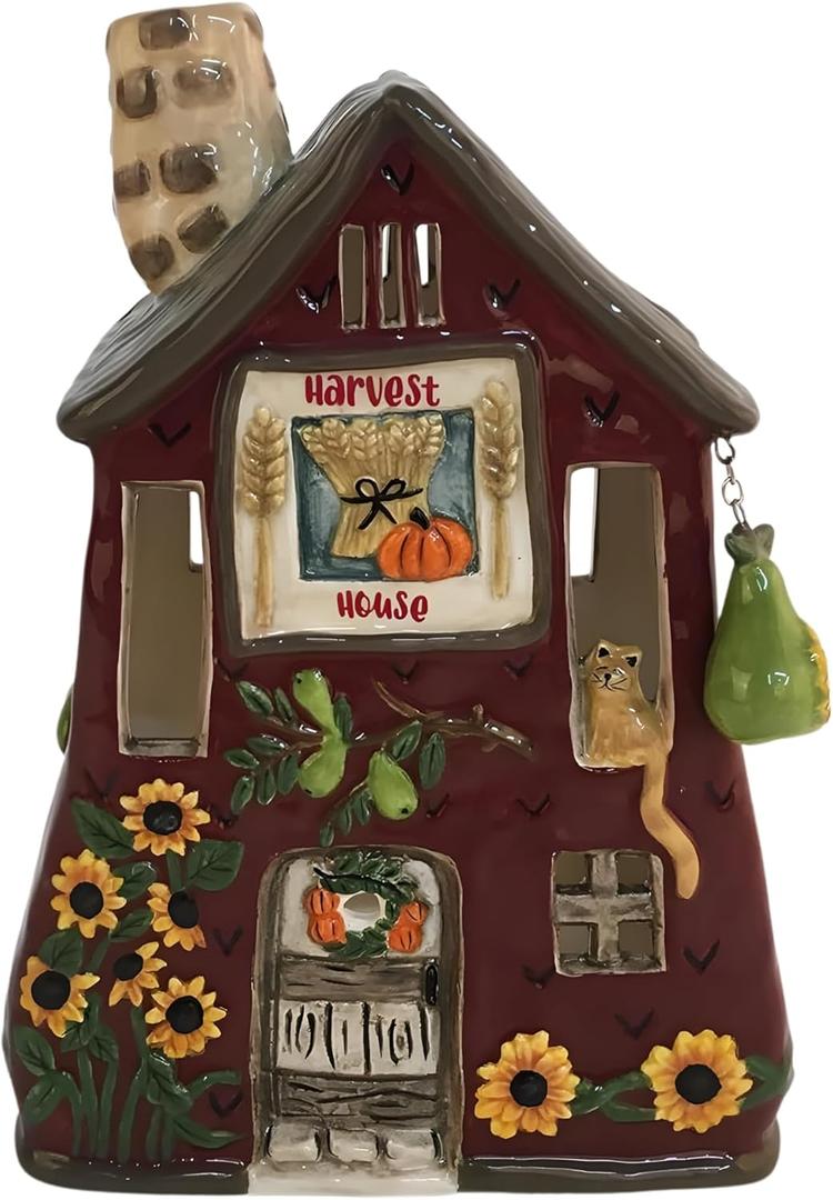 Blue Sky Clayworks Harvest House Candle House, Ceramic, 4.75" D x 5.25" W x 7.88" H, Sunflower Barn Glow